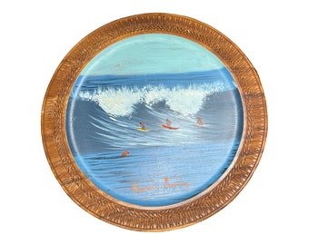 Vintage Mid Century Hawaiian Surfing Painting on Wood Charger Plate 12”, Handcrafted in Philippines
