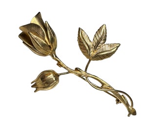 Vintage Gold-Toned Long-Stemmed Rose Brooch Pin