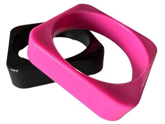 Pair of Vintage 1980s Black & Neon Pink Chunky Sq… - image 4