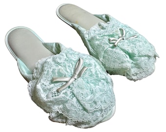 Vintage 1950s Mint Green Vanity Fair Boudoir Slippers Scuffs from Marshall Field & co Size 6.5-7.5