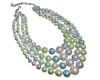 Vintage 1960s Graduated Pastel Faux Pearl 4 Strand Necklace Japan