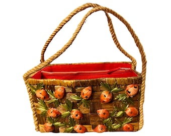 Vintage 1960s Basket Purse w/ Raffia Strawberries & Sisal Rope Details, Bags By Patricia Handmade in the Philippines