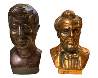 Pair of Miniature Vintage Cast Metal President Busts: John F. Kennedy & Abraham Lincoln 1960s