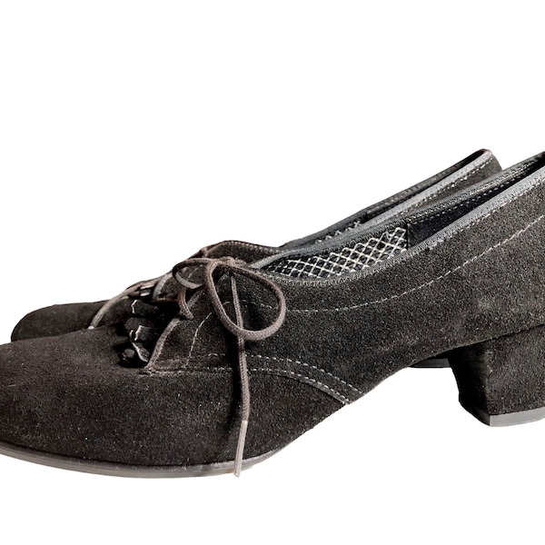 Vintage 1950s Daniel Greene Outdorables Black Leather Fringe Oxford Loafer Style Sensible Heels Size 5 ish