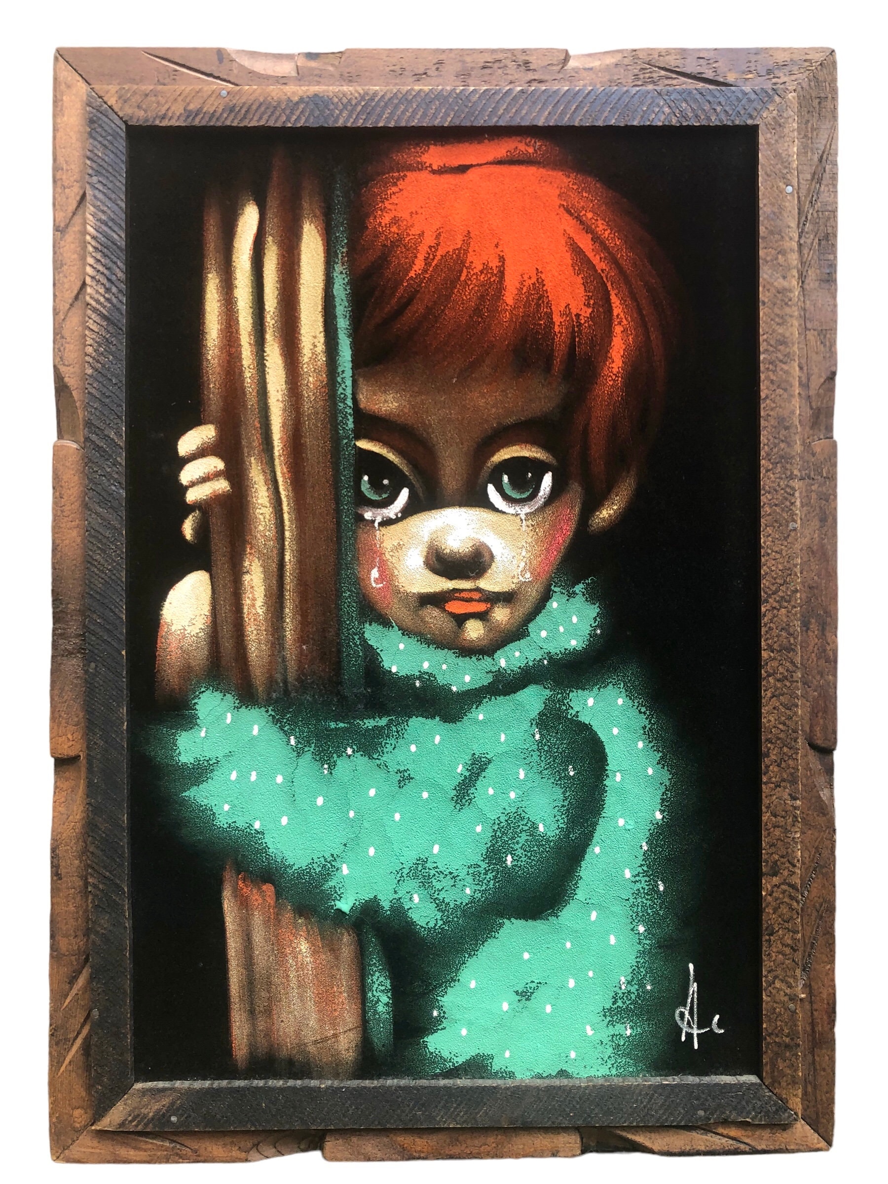 Vintage 1960s Keane Style Sad Big Eye Child Painting on