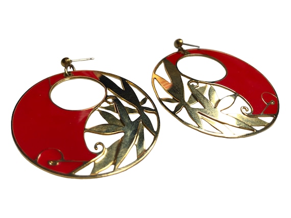 Vintage 1980s Red & Brass Enameled Dangle Earring… - image 1