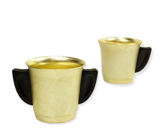 gold metal cream & sugar set . MIRRO the finest aluminum . great wing shape black celluloid handles . 1940s 1950s 1960s