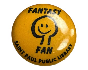 Vintage 1970s Pinback Button for Fantasy Fans at the Saint Paul Public Library, about 1.3”