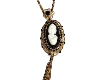 Elegantly Kitschy Black & White Ornate Cameo Necklace w/ Gold Toned Filigree Details by Hobé