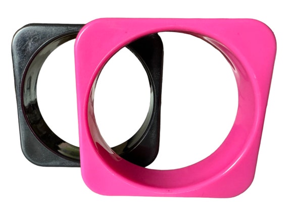 Pair of Vintage 1980s Black & Neon Pink Chunky Sq… - image 1