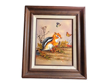 Adorable Vintage Woodland Oil Painting of Chipmunk w/ Acorns & Butterflies on 8”x10” Canvas by Casandra