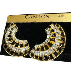 Vintage NOS 1980s 1990s Black, Gold Tone, Clear Clip On Earrings from Gantos image 1