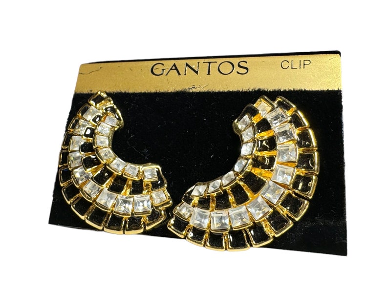 Vintage NOS 1980s 1990s Black, Gold Tone, Clear Clip On Earrings from Gantos image 1