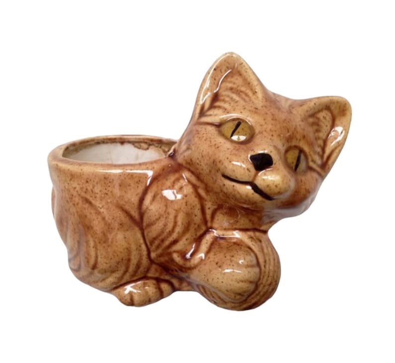 Vintage cat planter . Sweet 1970s kitten . Sienna brown glaze image 1