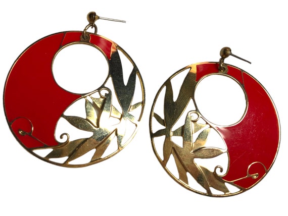 Vintage 1980s Red & Brass Enameled Dangle Earring… - image 2