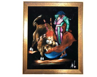 Vintage Matador Bull Fighter Painting on Black Velvet 17”x14”
