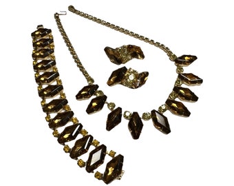 Beautiful Vintage 1950s Topaz Coffin Shaped Rhinestone Costume Jewelry Set w/ Necklace,  Bracelet, Clip On Climber Earrings