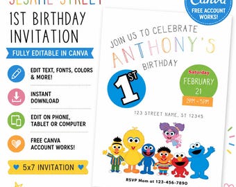 Sesame Street Birthday Invitation | Editable Canva Party Invite (Digital Download)