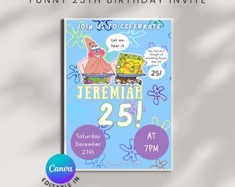 Funny Cartoon 25th Birthday Invitation | Editable  Birthday Invite | Canva Template | Digital Download