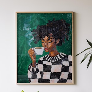 Emerald Green Abstract People Large Wall Art Contemporary Artwork Minimalist Print Coffee Lover Wall Art Black Woman Print Digital Download