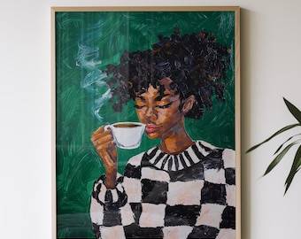 Emerald Green Abstract People Large Wall Art Contemporary Artwork Minimalist Print Coffee Lover Wall Art Black Woman Print Digital Download