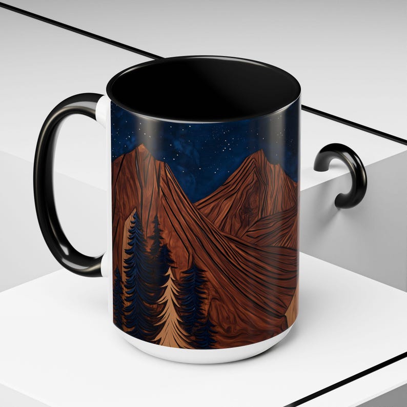Rustic Wooden Mountain Coffee Mug with Carved Tree Design - Wood Panel Effect, Tea Mug Carved Wood Trees Wooden Mountain Tea Cup Pine Tree