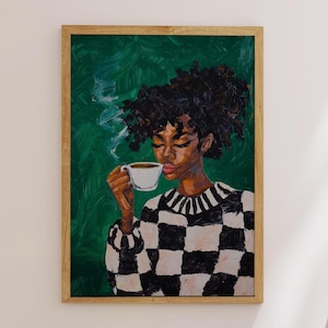 Emerald Green Abstract People Large Wall Art Contemporary Artwork Minimalist Print Coffee Lover Wall Art Black Woman Print Digital Download