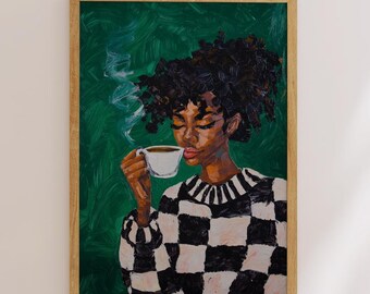 Emerald Green Abstract People Large Wall Art Contemporary Artwork Minimalist Print Coffee Lover Wall Art Black Woman Print Digital Download