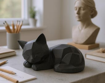 May include: A black geometric cat sculpture in a resting pose. The cat is lying down with its eyes closed, and its body is composed of angular planes. The sculpture is on a gray surface, with pencils, books, and a bust in the background.