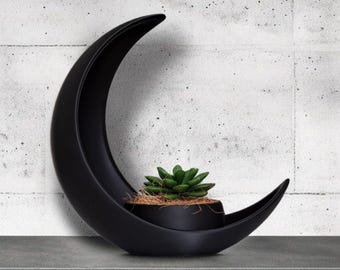 Maceta de Luna Creciente – Maceta moderna impresa en 3D / Decoración lunar minimalista para escritorio, estantería o dormitorio / Soporte para suculentas de Luna Negra