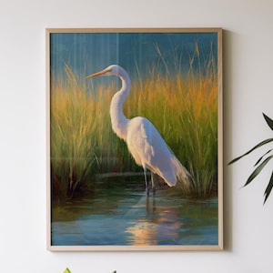 Egret Bird Standing in Water - Minimalist Wall Art, Nature Photography Digital Download, Serene Water Scene, oil painting Art