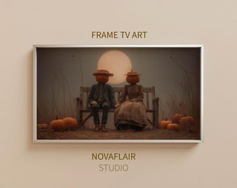Vintage Halloween Pumpkin Couple Art: Rustic Farmhouse Frame TV Digital Download
