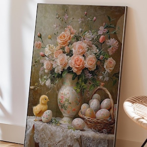 Vintage flower Painting Download, Floral Artful Art, Wall Print, Spring Printable Decor, Easter Print, Flowers, Rustic Farmhouse, chicks