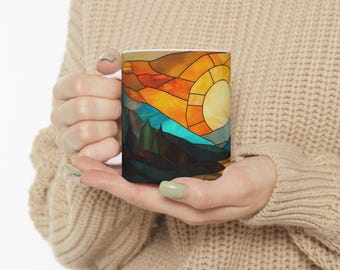 Stained Glass Sunrise Ceramic Mug, Colorful Mountain Landscape Coffee Cup, Inspirational Gift, Nature Lover's Mug, Home Decor, Unique
