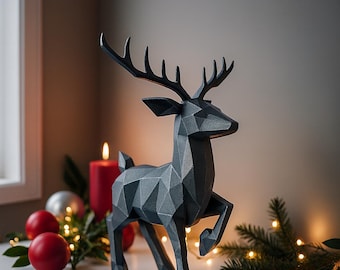 Low Poly Reindeer Christmas Decor – Modern 3D Printed Deer Sculpture – Minimalist Holiday Decoration for Home or Office