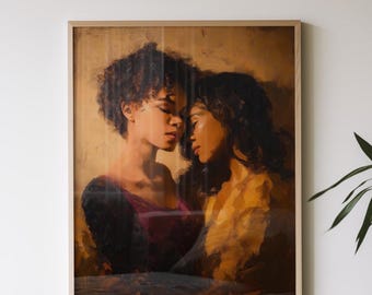 Black Women Embrace Wall Art Digital Download – Emotional Portrait Painting