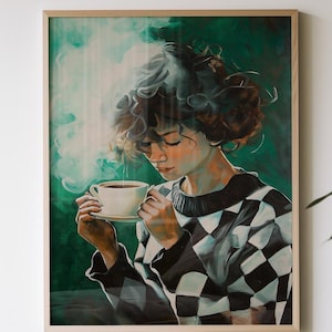 Emerald Green Abstract People Large Wall Art Contemporary Artwork Minimalist Print Coffee Lover Wall Art Woman Print Digital Download