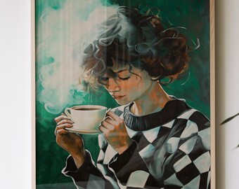 Emerald Green Abstract People Large Wall Art Contemporary Artwork Minimalist Print Coffee Lover Wall Art Woman Print Digital Download