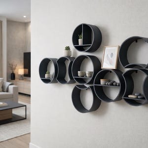 Könnte beinhalten: Ein modernes, an der Wand montiertes Regalsystem mit einzigartigem Design. Das System verfügt über mehrere kreisförmige Regale in Dunkelgrau, die in einem künstlerischen Muster angeordnet sind. Einige Regale beherbergen kleine Pflanzen, Dekorationsartikel und ein gerahmtes Bild. Die Regale sind an einer hellgrauen Wand befestigt.