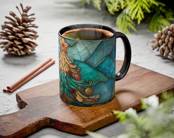 Stained Glass Christmas Tree Mug – Elegant Holiday Coffee Cup – Festive Winter Drinkware – Artistic Ceramic Hot Cocoa & Tea Cup Gift