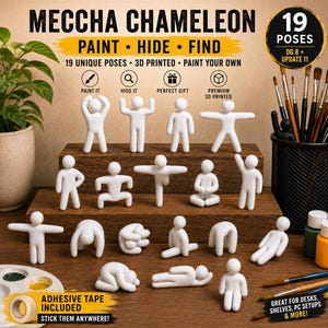 May include: A collection of 19 white 3D printed figures in various poses, labeled Meccha Chameleon. The display includes text detailing paint, hide, and find features, along with icons for painting, hiding, gifting, and 3D printing. Paintbrushes and paint are visible.