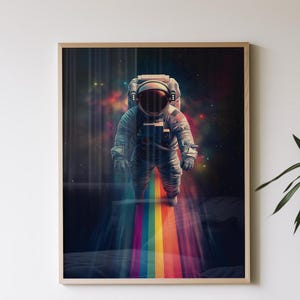 Regenbogen Astronaut Wand Kunst Druck - Weltraum Dekor, NASA-JWST inspiriertes Poster, Retro Wissenschaft Kunst, druckbares Astronomie Geschenk für Sci-Fi Fans