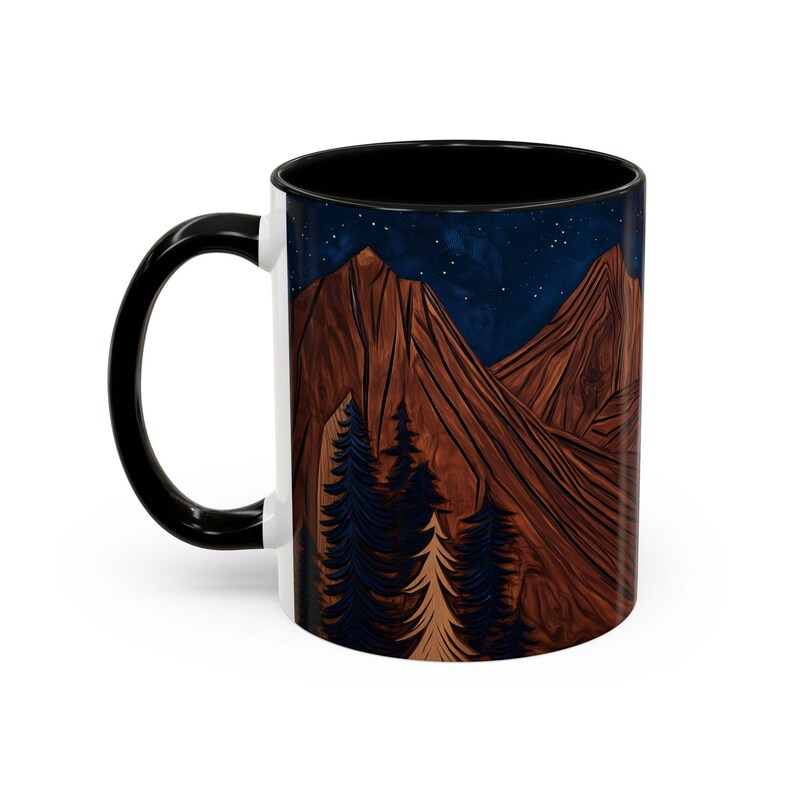Rustic Wooden Mountain Coffee Mug with Carved Tree Design - Wood Panel Effect, Tea Mug Carved Wood Trees Wooden Mountain Tea Cup Pine Tree