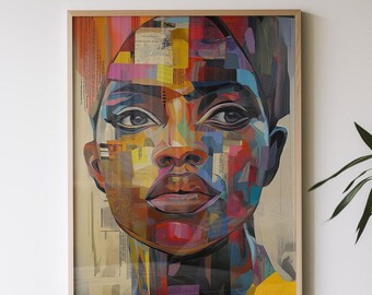 Afrocentric Woman Wall Art – Bold Abstract Digital Portrait, Mixed Media Style, Printable Black Art for Living Room or Home Gallery