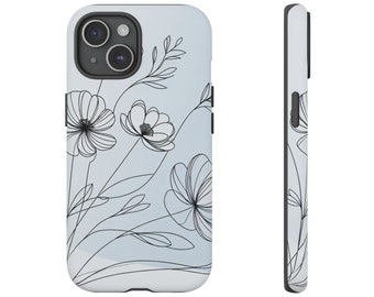 Floral Line Art Aesthetic Phone Case Floral iPhone 11 12 13 Mini 14 15 Pro Max Mini Tough Case Pixel 6 7 Galaxy 22 23