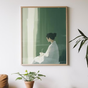 Emerald Green Abstract People Large Wall Art Contemporary Artwork Minimalist Print Living Room Wall Art Stripe Woman Print Digital Download