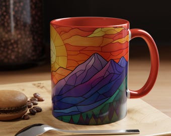 Stained Glass Mountain Range Coffee Mug - Vibrant Watercolor Mountain Sunset, 11oz & 15oz Ceramic Mug, Perfect gifts ideas,