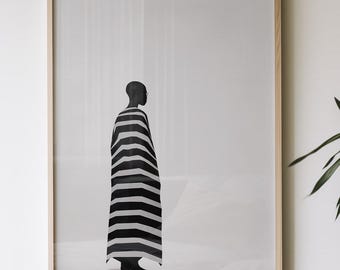 Puede incluir: Silueta en blanco y negro de una persona con una túnica a rayas, de pie frente a un fondo blanco.