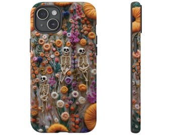 Vintage Skeletons in Bloom Phone Case Embroidered Look Floral Phone Case Halloween iPhone 13 14 15 Samsung s24 s23 s22 Google Pixel 6 7 8