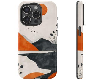 Minimalistiskt telefonskal med solnedgång och berg, modern abstrakt design för iPhone 13 14 15 Samsung s24 s23 s22 Google Pixel 6 7 8